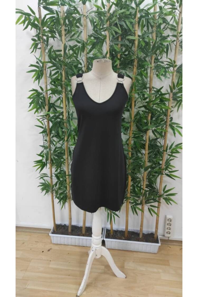 Women's Strappy V Neck Buckle Detailed Janjan Crepe Dress - Black