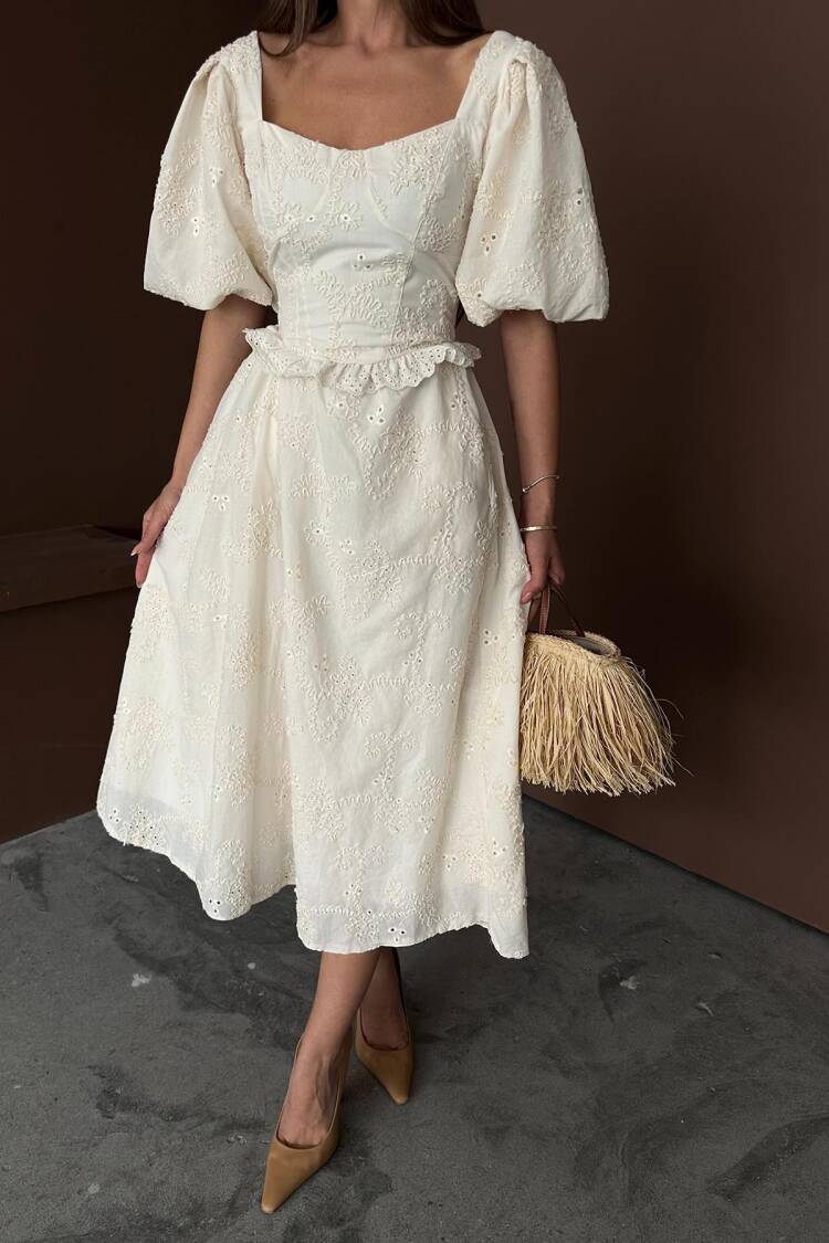 WholesaleBalloon Sleeve Lace Embroidery Dress