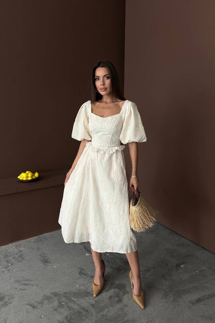 WholesaleBalloon Sleeve Lace Embroidery Dress - Brand: Elisa - Women's Clothing Wholesale - Globality Store