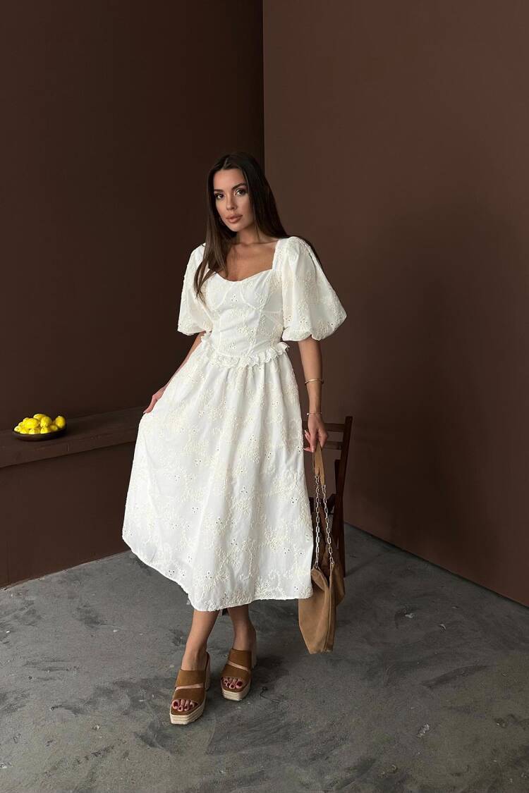 WholesaleBalloon Sleeve Lace Embroidery Dress - Brand: Elisa - Women's Clothing Wholesale - Globality Store