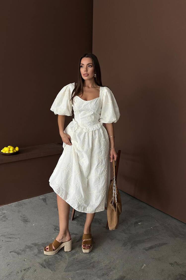WholesaleBalloon Sleeve Lace Embroidery Dress