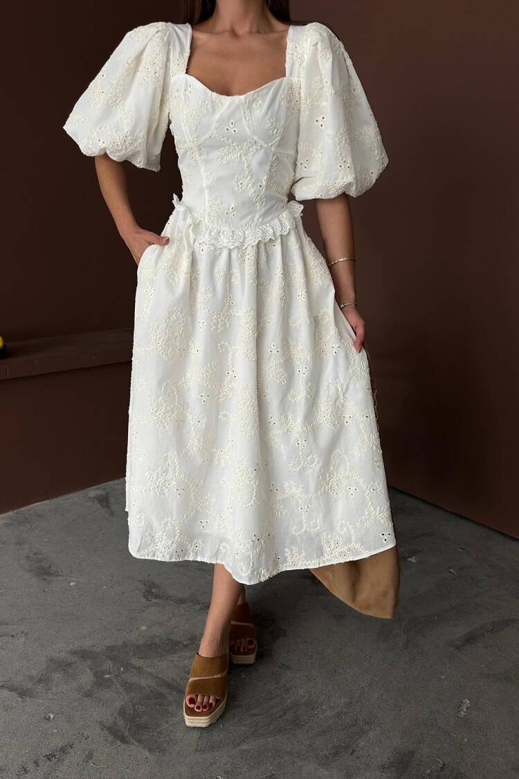 WholesaleBalloon Sleeve Lace Embroidery Dress
