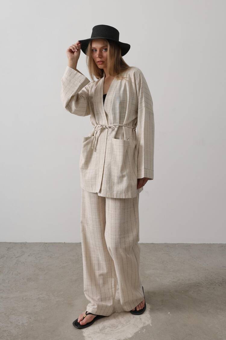 Stripe Detailed Kimono - Nature - Reyon - Globality Store - Women Clothes Wholesale Turkey
