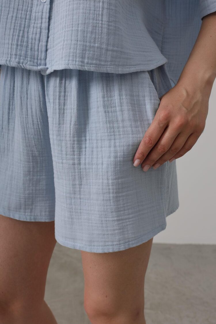 Elastic Waist Mueslin Shorts - Baby Blue