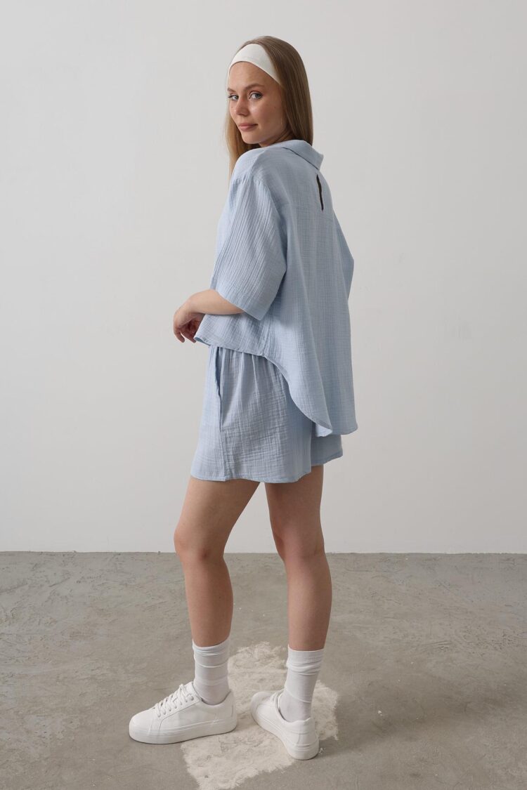 Elastic Waist Mueslin Shorts - Baby Blue