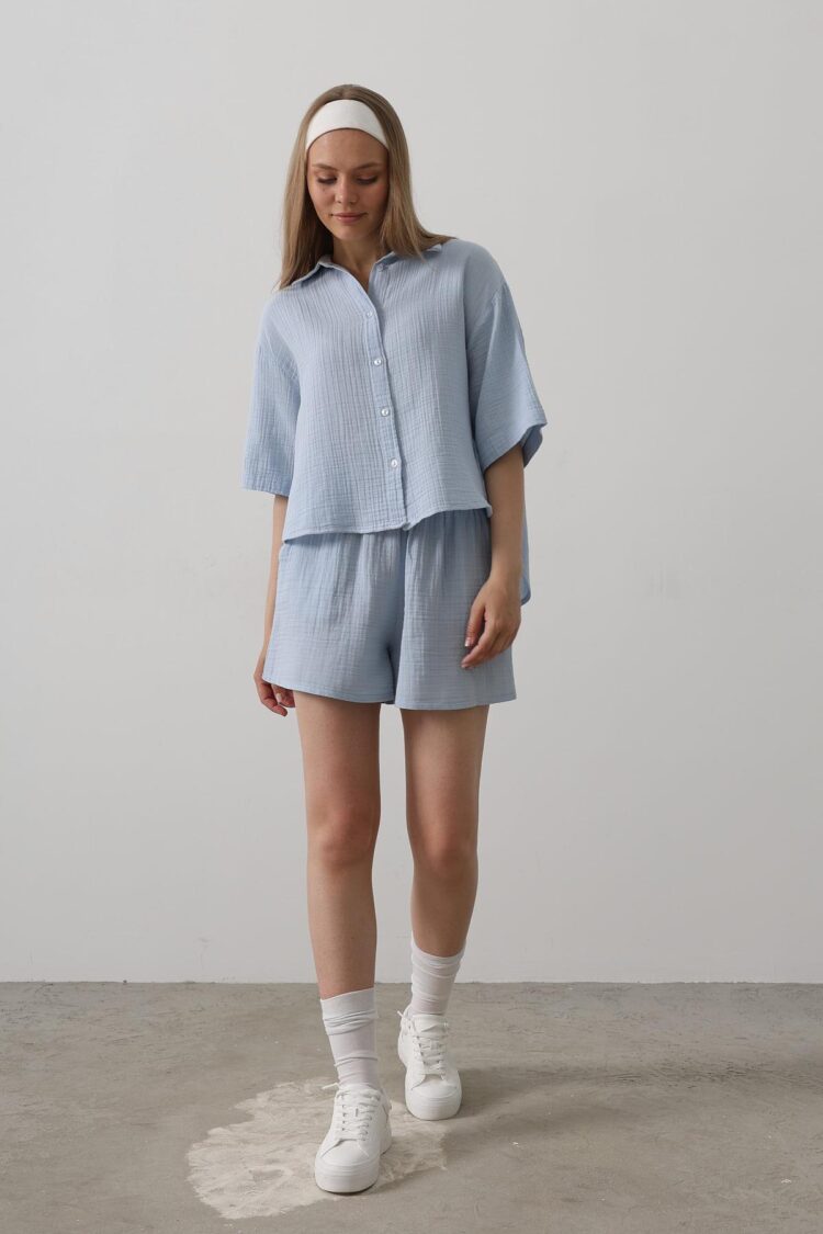 Elastic Waist Mueslin Shorts - Baby Blue