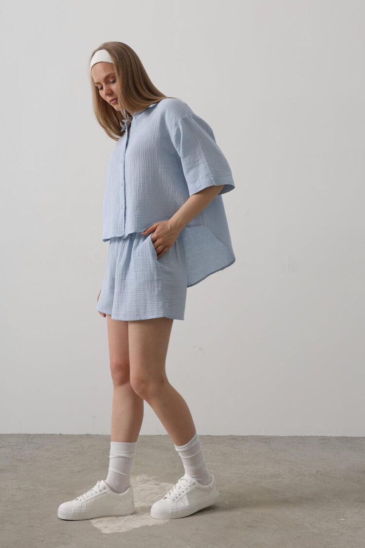 Elastic Waist Mueslin Shorts - Baby Blue