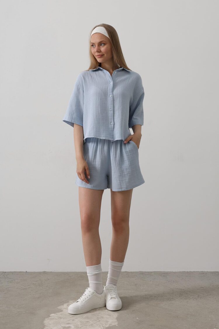 Elastic Waist Mueslin Shorts - Baby Blue - Reyon - Globality Store - Women Clothes Wholesale Turkey