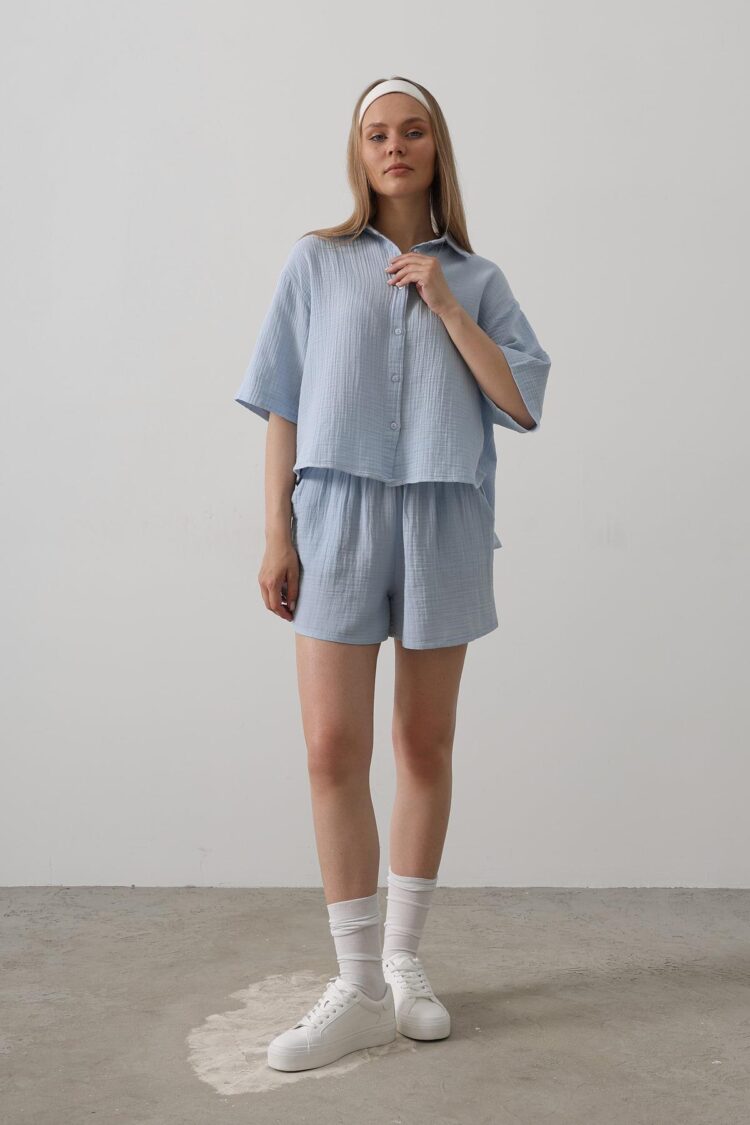 Elastic Waist Mueslin Shorts - Baby Blue