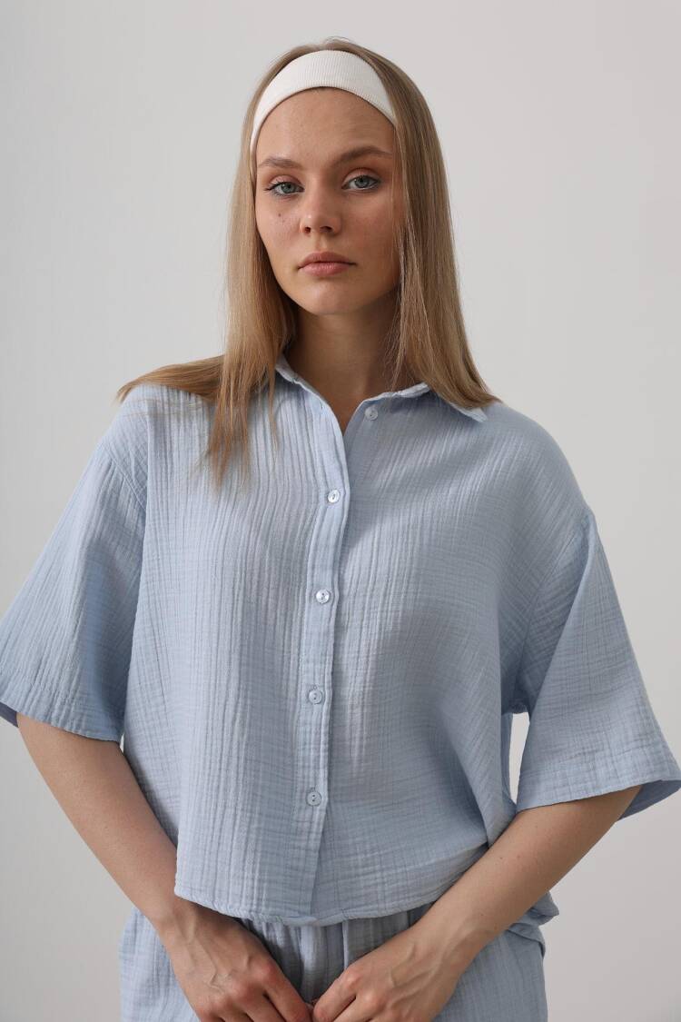 Half Sleeve Mueslin Shirt - Baby Blue - Reyon - Globality Store - Women Clothes Wholesale Turkey