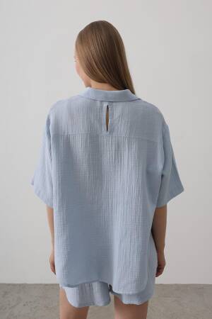Half Sleeve Mueslin Shirt - Baby Blue - Reyon - Globality Store - Women Clothes Wholesale Turkey