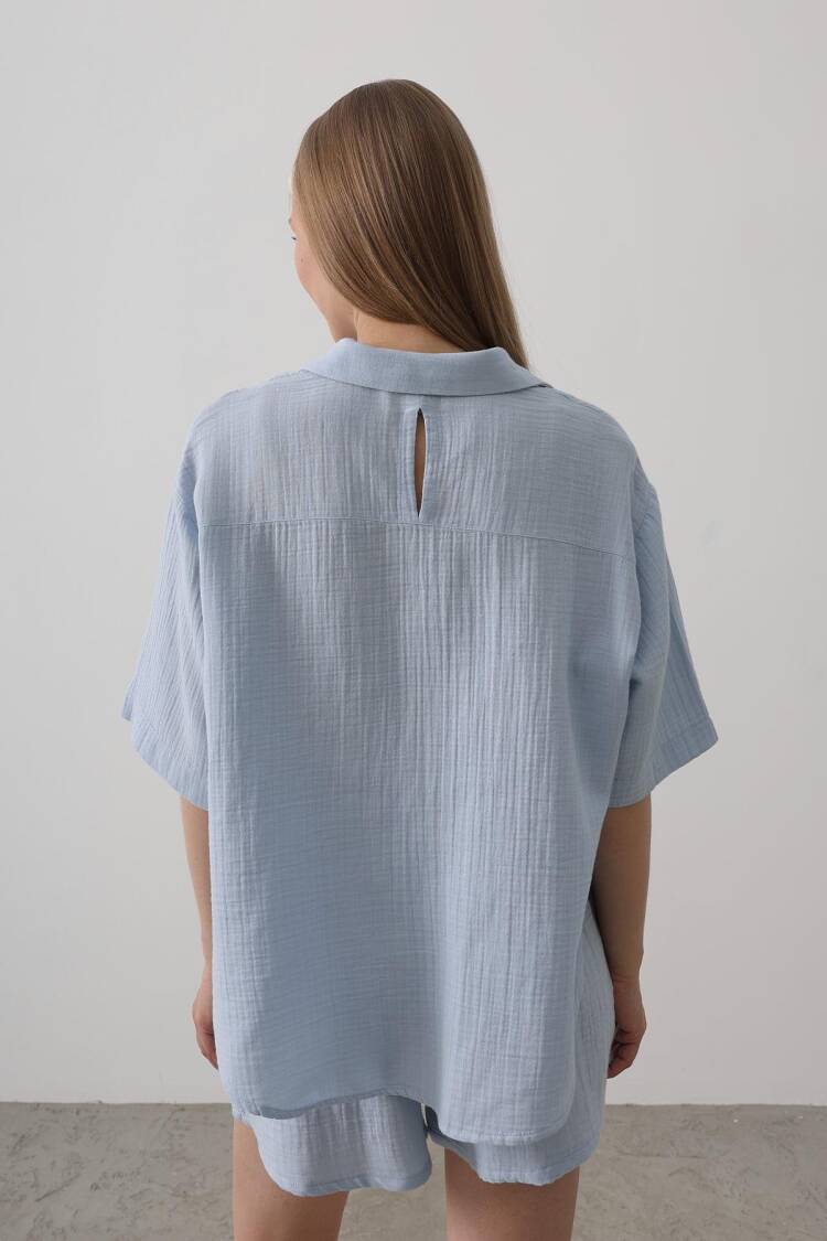 Half Sleeve Mueslin Shirt - Baby Blue