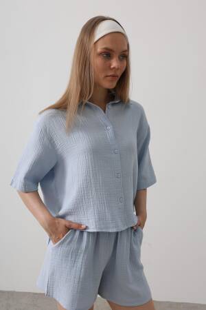 Half Sleeve Mueslin Shirt - Baby Blue - Reyon - Globality Store - Women Clothes Wholesale Turkey