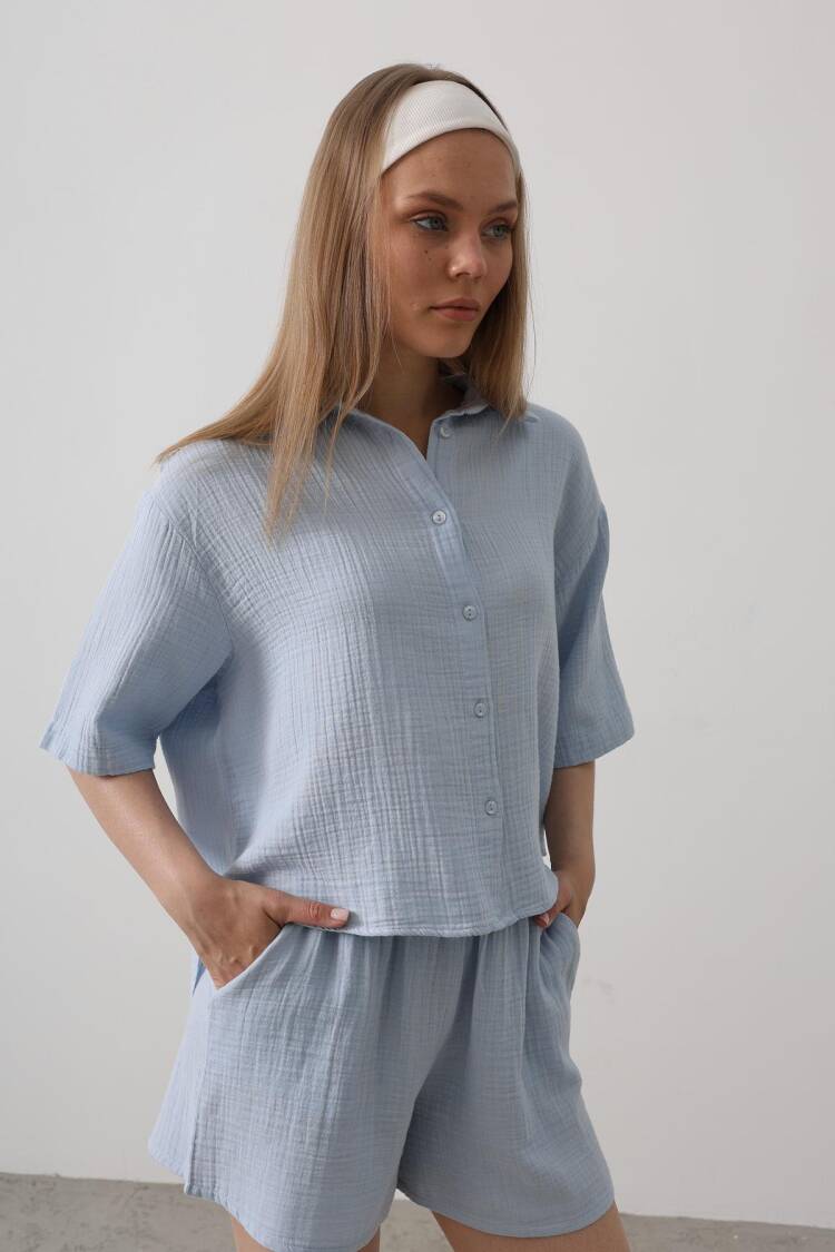 Half Sleeve Mueslin Shirt - Baby Blue