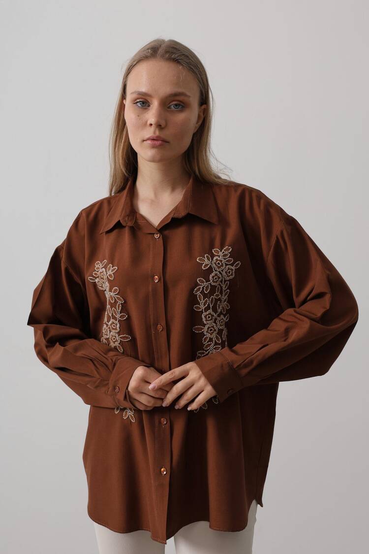 Bead Embroidery Detailed Long Shirt - Brand: Reyon - Women's Clothing Wholesale - Globality Store