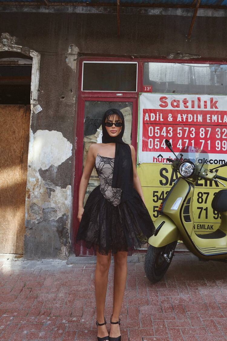 Black Lace Detail Strapless Mini Dress