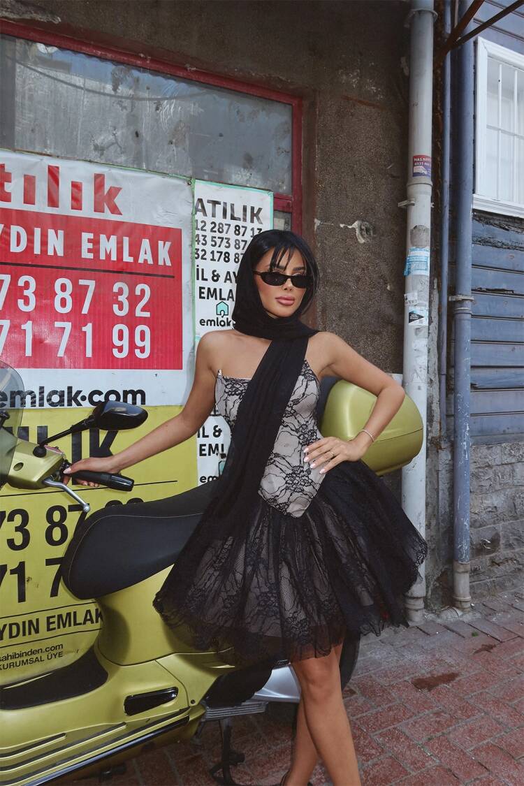 Black Lace Detail Strapless Mini Dress - EYYO ATELIER - Globality Store - Women Clothes Wholesale Turkey