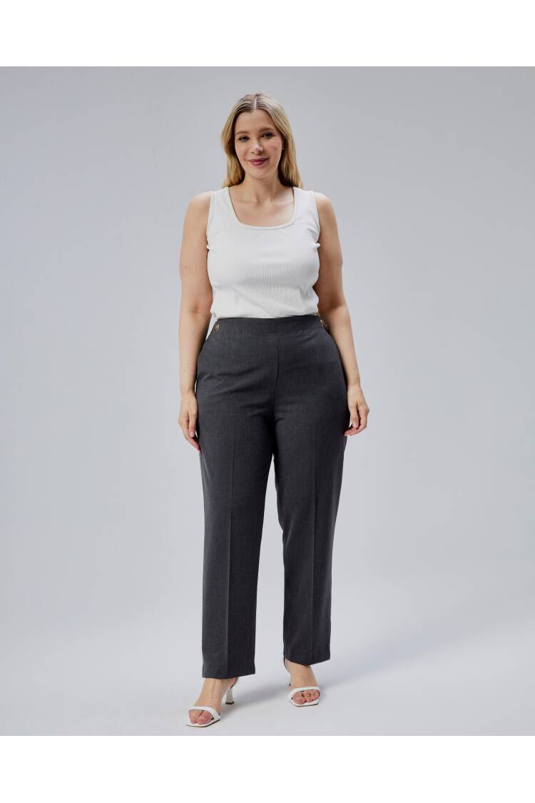 Decorative Buttoned Back Waist Elastic Plus Size Pants