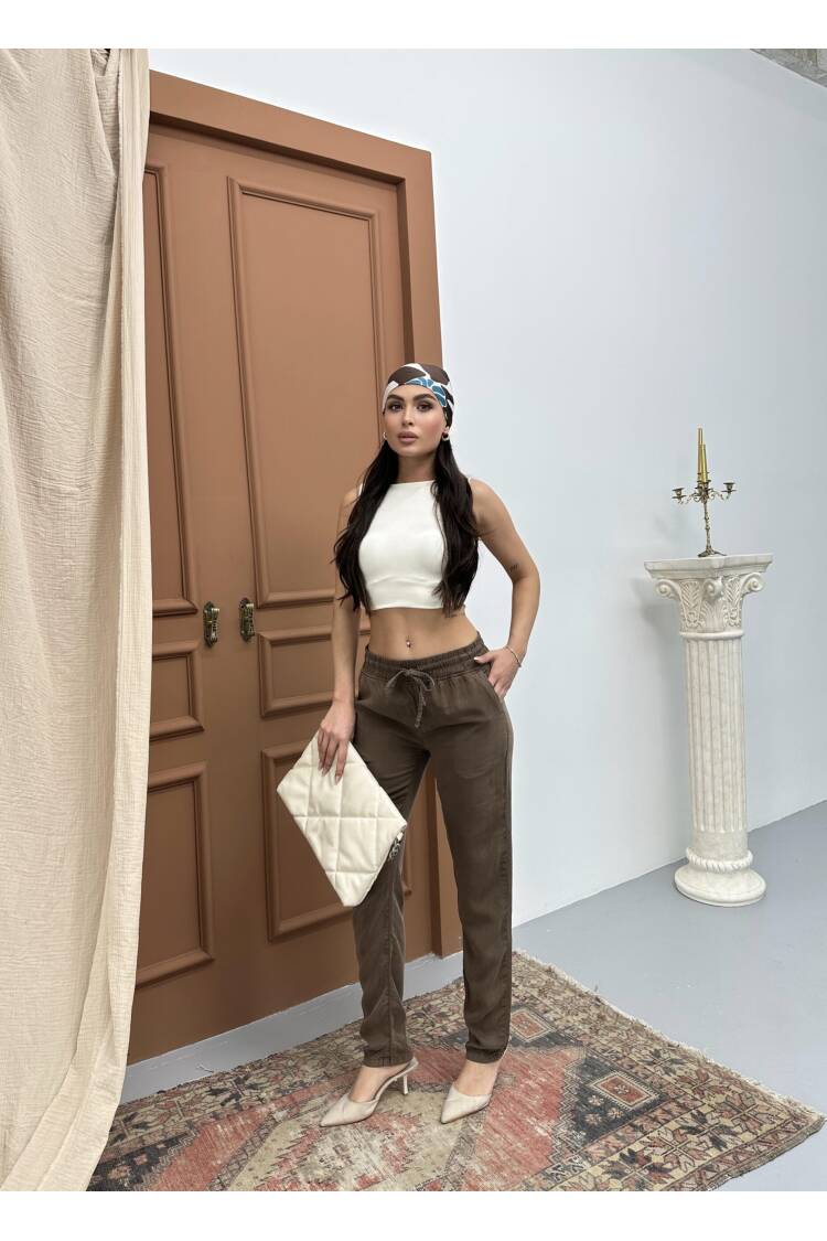 Women's Elastic Waist Slim Leg Coffee Jogger Pants - LACARINO - Globality Store - Women Clothes Wholesale Turkey