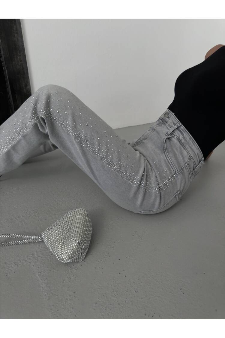 High Waist Pipeline Cut Stone Detailed Gray Jeans - LACARINO - Globality Store - Women Clothes Wholesale Turkey