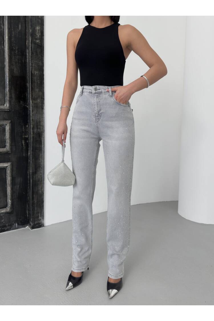 High Waist Pipeline Cut Stone Detailed Gray Jeans
