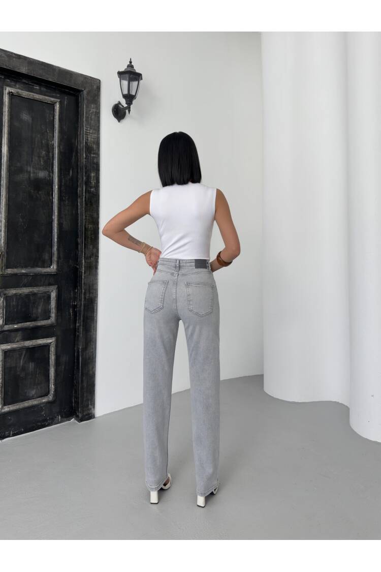 High Waist Pipe Cut Light Gray Jeans