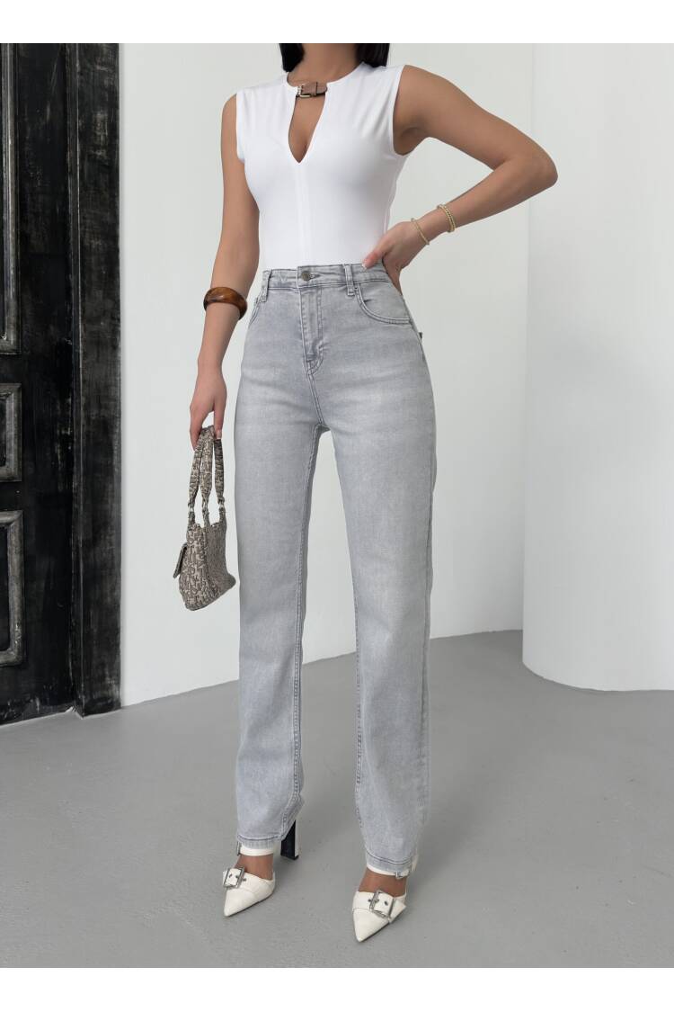 High Waist Pipe Cut Light Gray Jeans