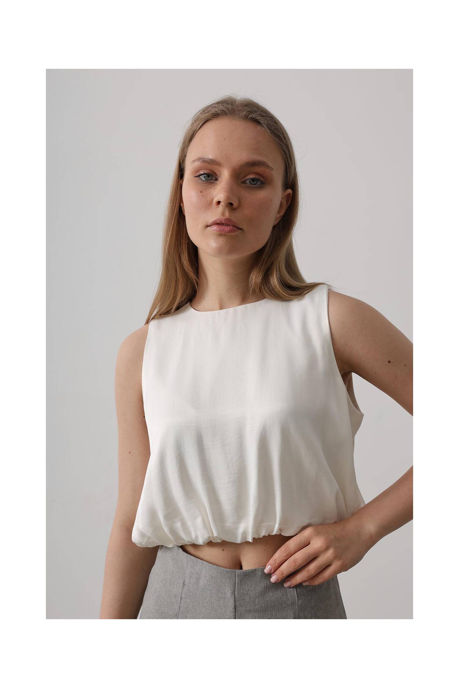 Satin Sleeveless Maybe Elastic Blouse - Ecru - Brand: Reyon - Women's Clothing Wholesale - Globality Store