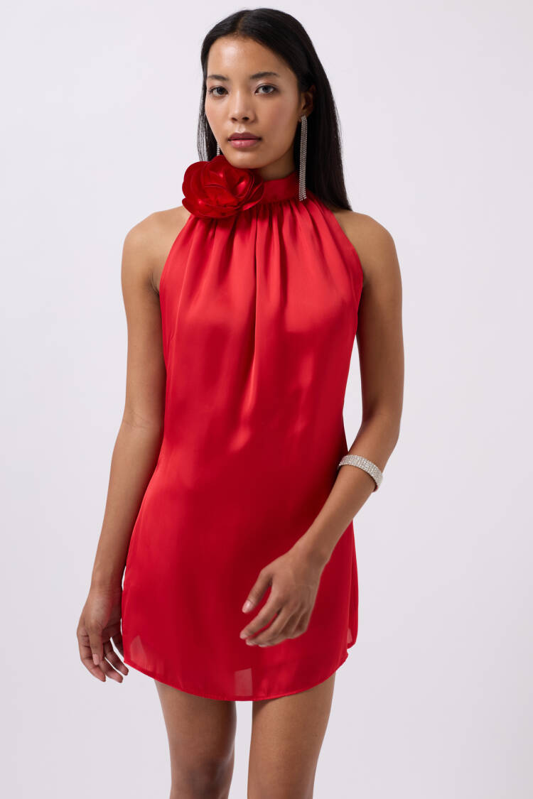 Rose Detail Mini Satin Dress - Black Fashion - Globality Store - Women Clothes Wholesale Turkey