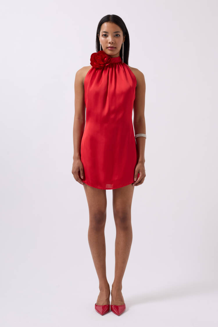 Rose Detail Mini Satin Dress