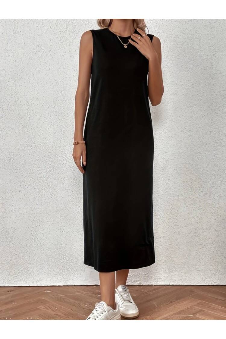 Women's Zero Sleeve Crew Neck Midi Viscose Two Thread Dress - Black
