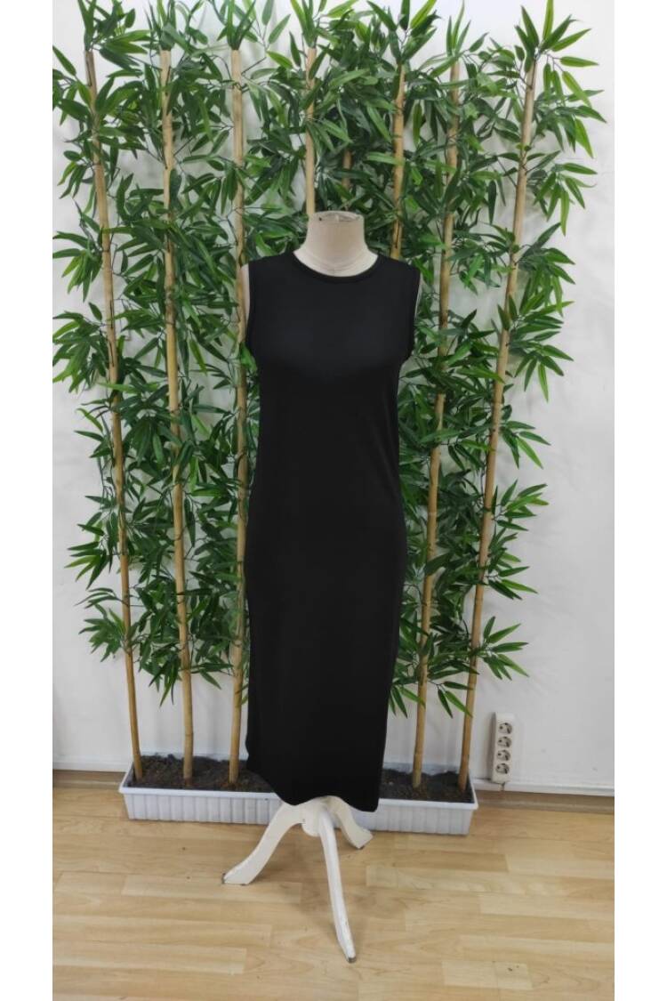 Women's Zero Sleeve Crew Neck Midi Viscose Two Thread Dress - Black