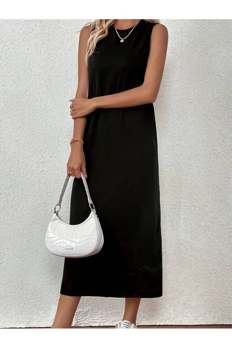 Women's Zero Sleeve Crew Neck Midi Viscose Two Thread Dress - Black