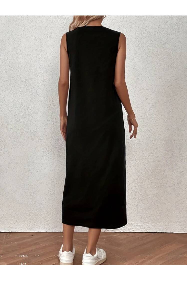 Women's Zero Sleeve Crew Neck Midi Viscose Two Thread Dress - Black