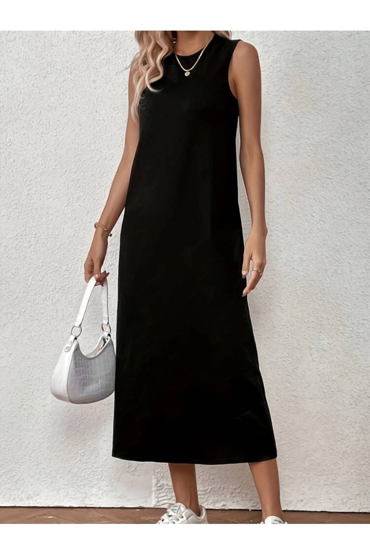 Women's Zero Sleeve Crew Neck Midi Viscose Two Thread Dress - Black