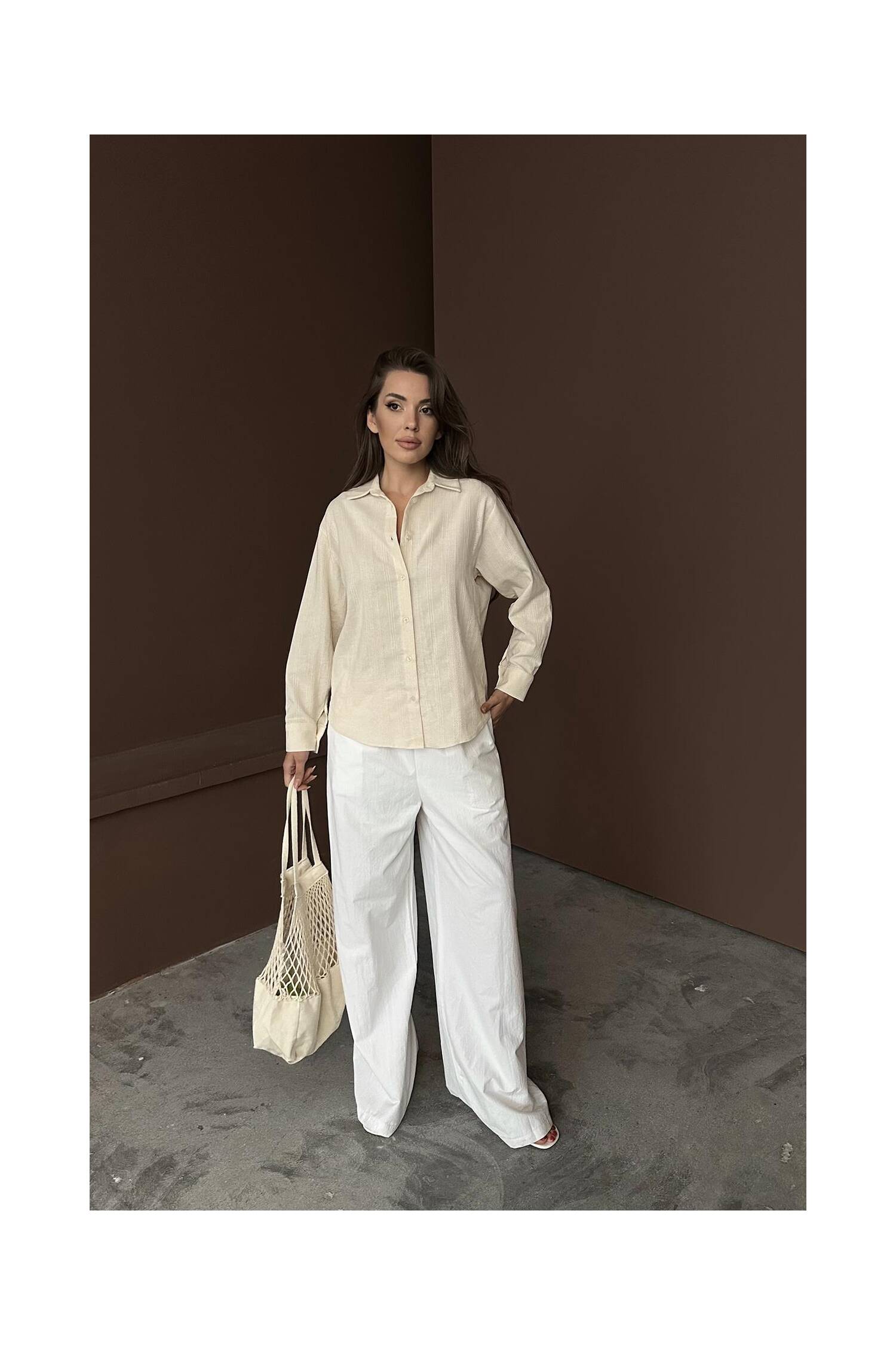 Wholesale Beige Jacquard Linen Shirt - Brand: Elisa - Women's Clothing Wholesale - Globality Store