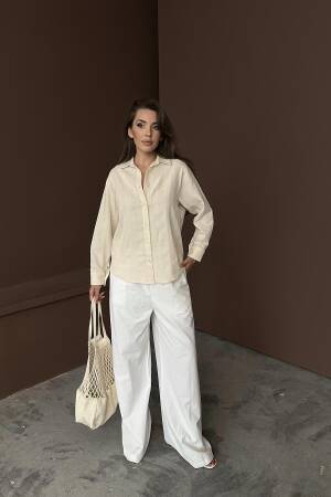 Wholesale Beige Jacquard Linen Shirt - Brand: Elisa - Women's Clothing Wholesale - Globality Store