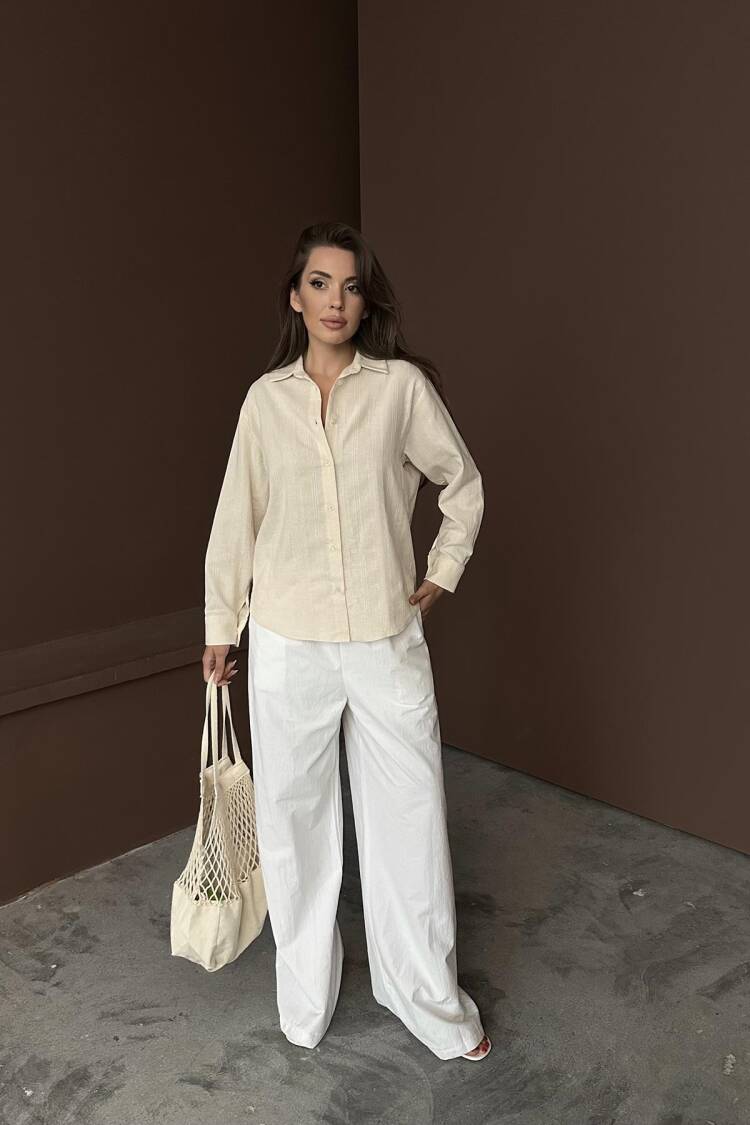 Wholesale Beige Jacquard Linen Shirt - Brand: Elisa - Women's Clothing Wholesale - Globality Store