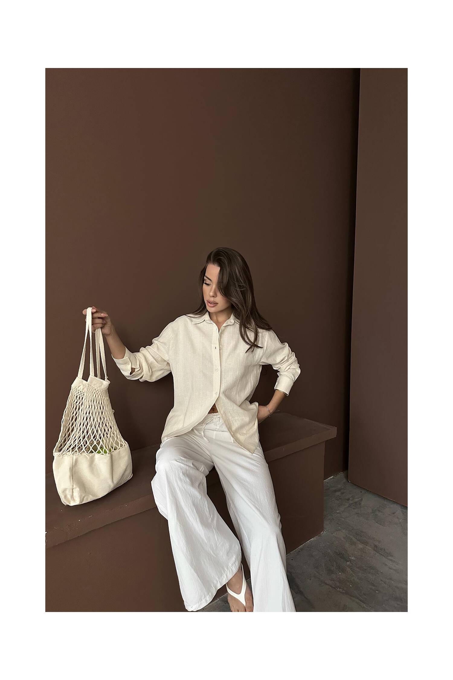 Wholesale Beige Jacquard Linen Shirt - Brand: Elisa - Women's Clothing Wholesale - Globality Store