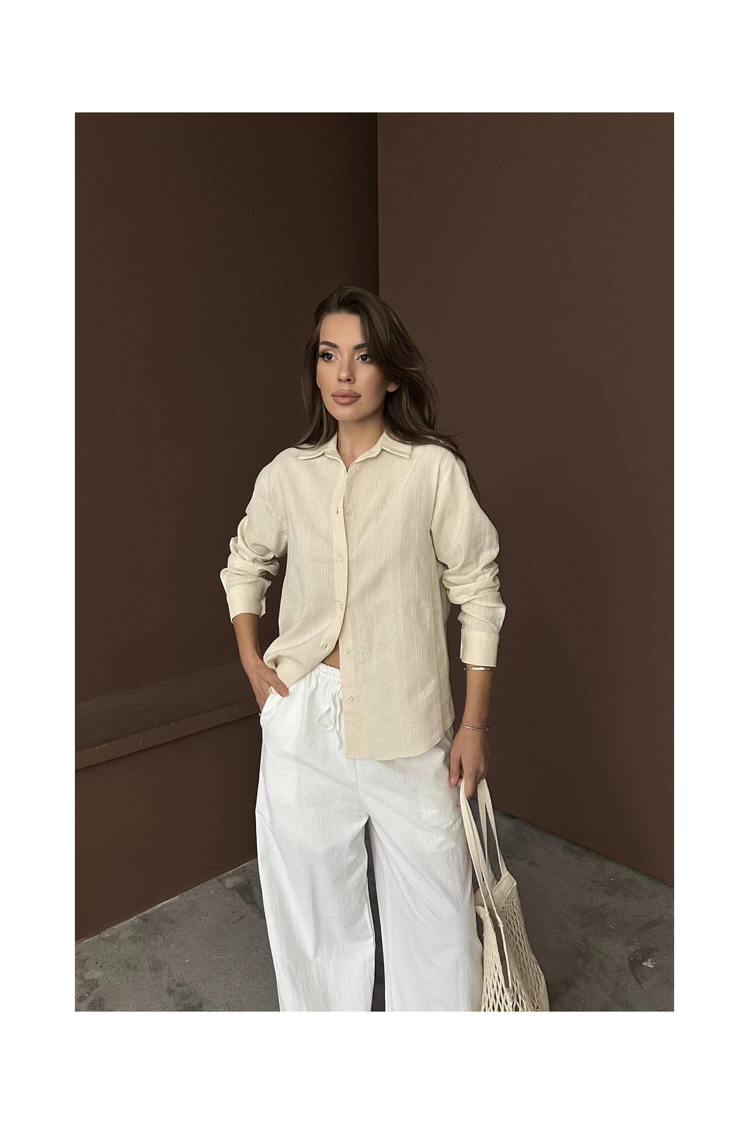 Wholesale Beige Jacquard Linen Shirt - Brand: Elisa - Women's Clothing Wholesale - Globality Store