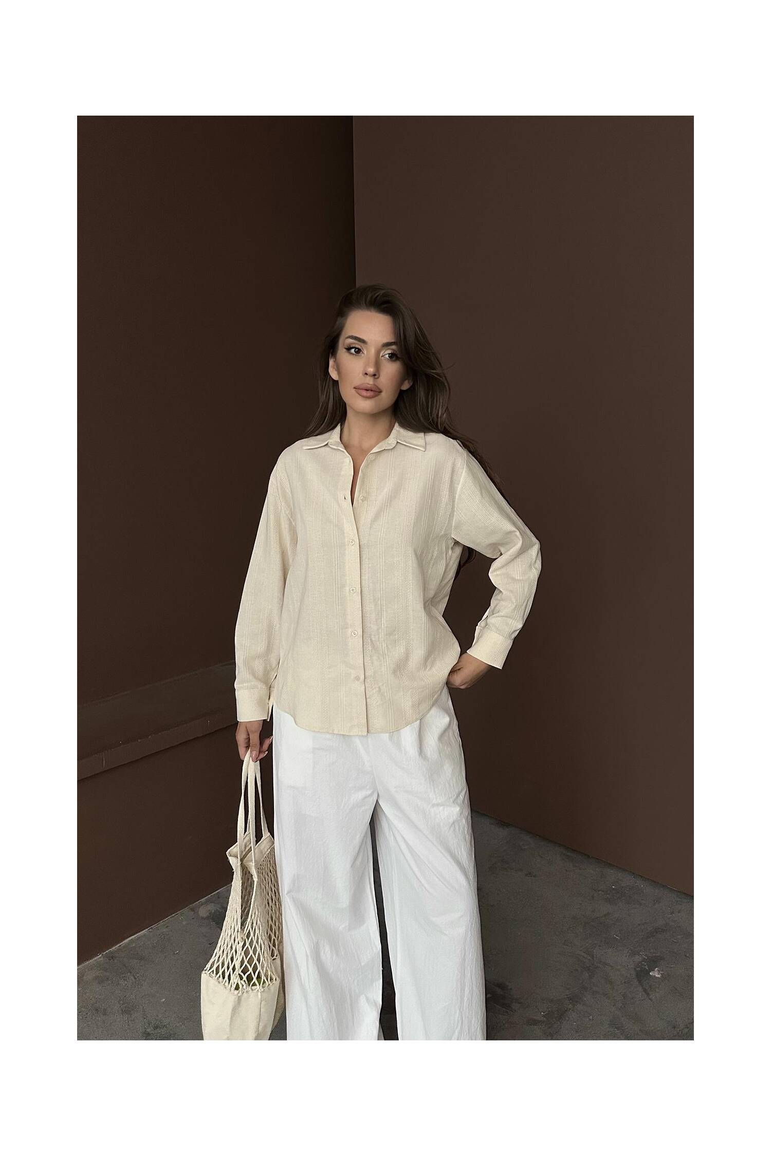 Wholesale Beige Jacquard Linen Shirt - Brand: Elisa - Women's Clothing Wholesale - Globality Store