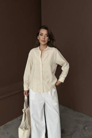 Wholesale Beige Jacquard Linen Shirt - Brand: Elisa - Women's Clothing Wholesale - Globality Store