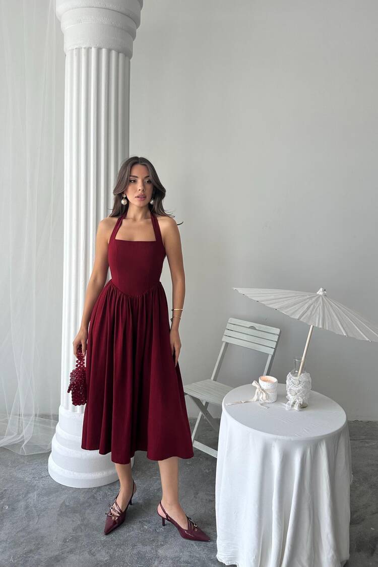Wholesale Burgundy Neck Tie Linen Dress - Brand: Elisa - Women's Clothing Wholesale - Globality Store