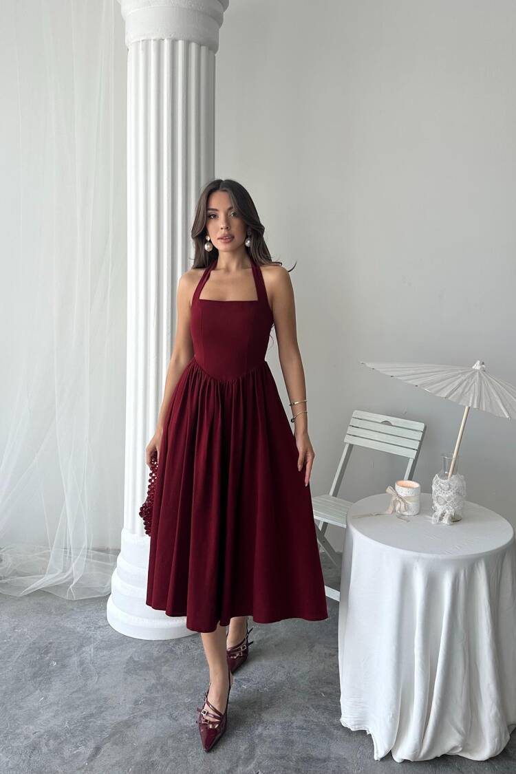 Wholesale Burgundy Neck Tie Linen Dress