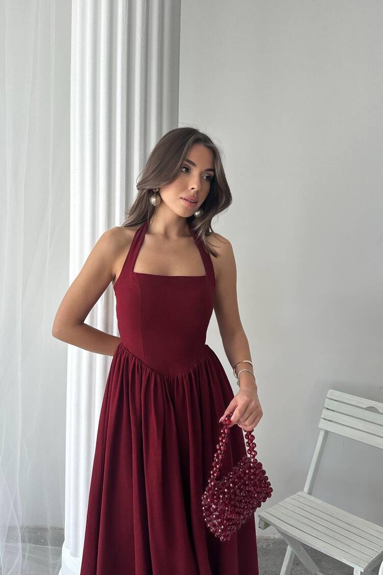 Wholesale Burgundy Neck Tie Linen Dress
