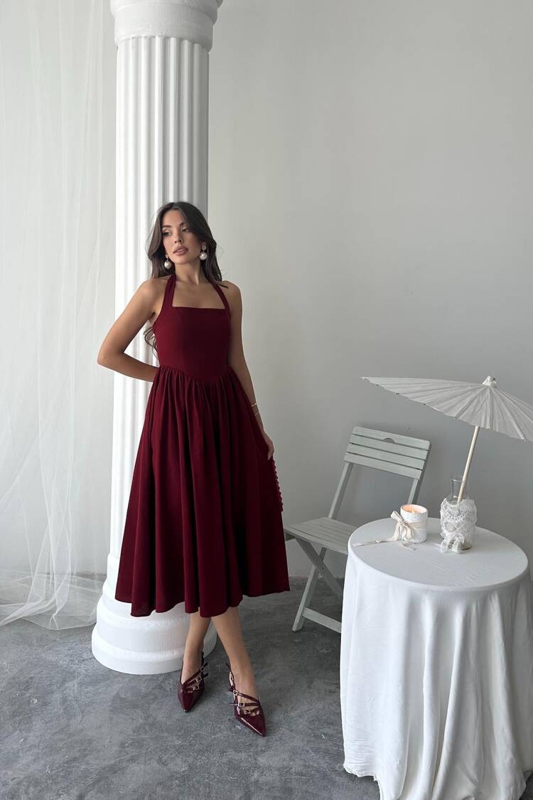 Wholesale Burgundy Neck Tie Linen Dress