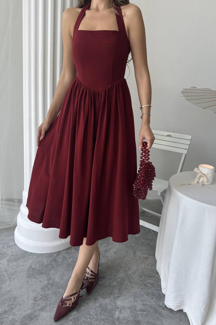 Wholesale Burgundy Neck Tie Linen Dress