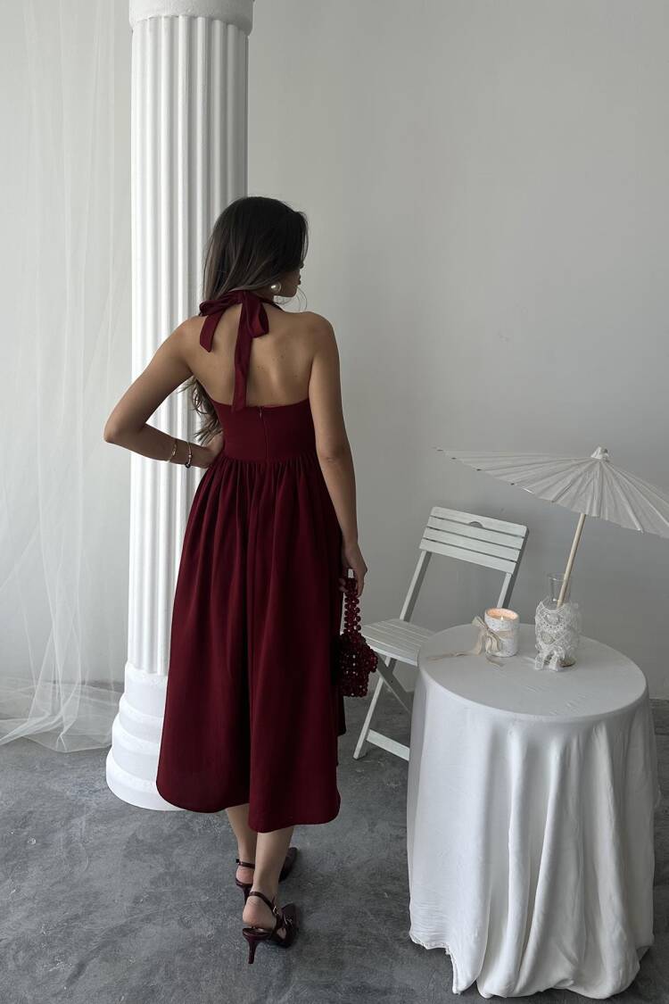 Wholesale Burgundy Neck Tie Linen Dress