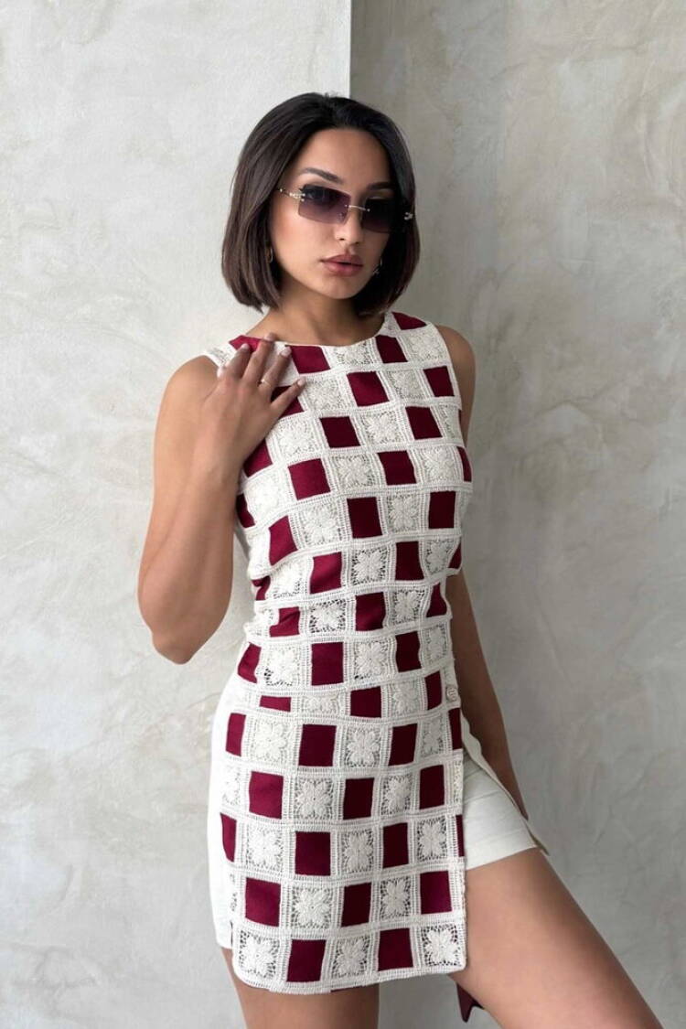 Sleeveless Checkered Checkered Blouse - Raw Burgundy - Brand: Topshow - Women's Clothing Wholesale - Globality Store