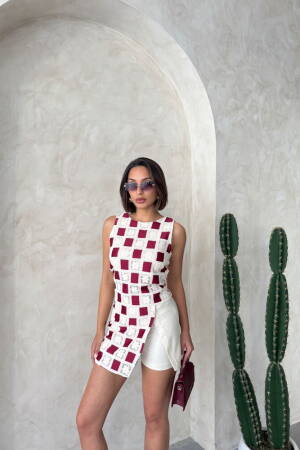 Sleeveless Checkered Checkered Blouse - Raw Burgundy - Brand: Topshow - Women's Clothing Wholesale - Globality Store